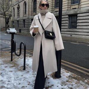 ZARA Oversized Wool Coat in beige/ecru color.